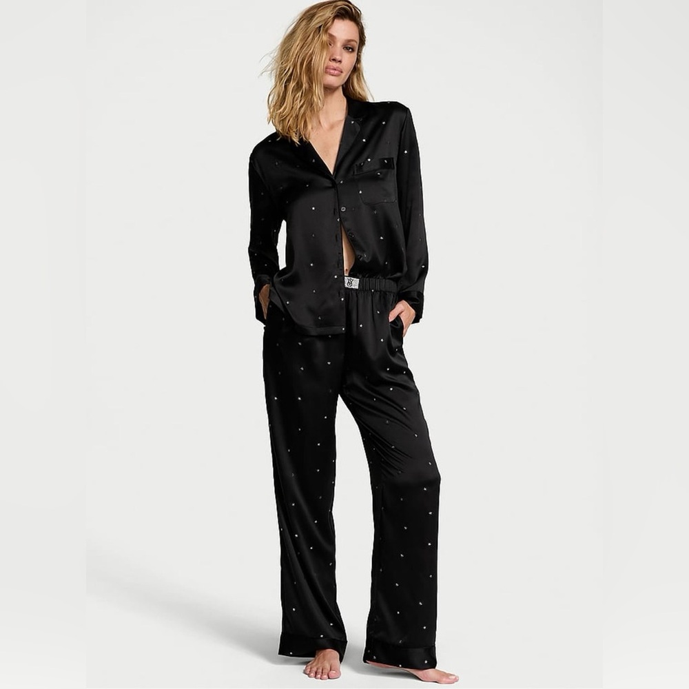 Victorias Secret Glazed Satin Black Star Dew Drop Long PJ Set Size XL